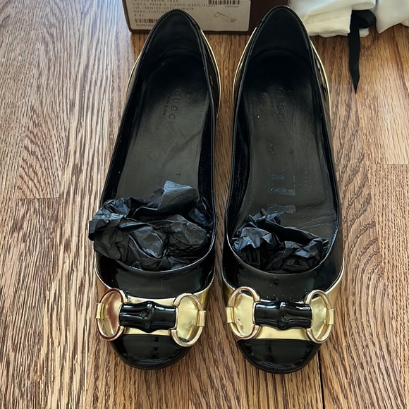 Gucci Moca Pelle Cuoio Nero/ Plati VIT. Vernice Soft/ Miroir Flats Size 6.5 - Picture 2 of 9